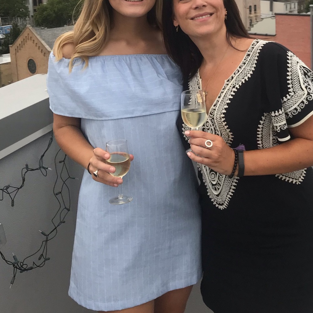 Off the shoulder blue striped dress